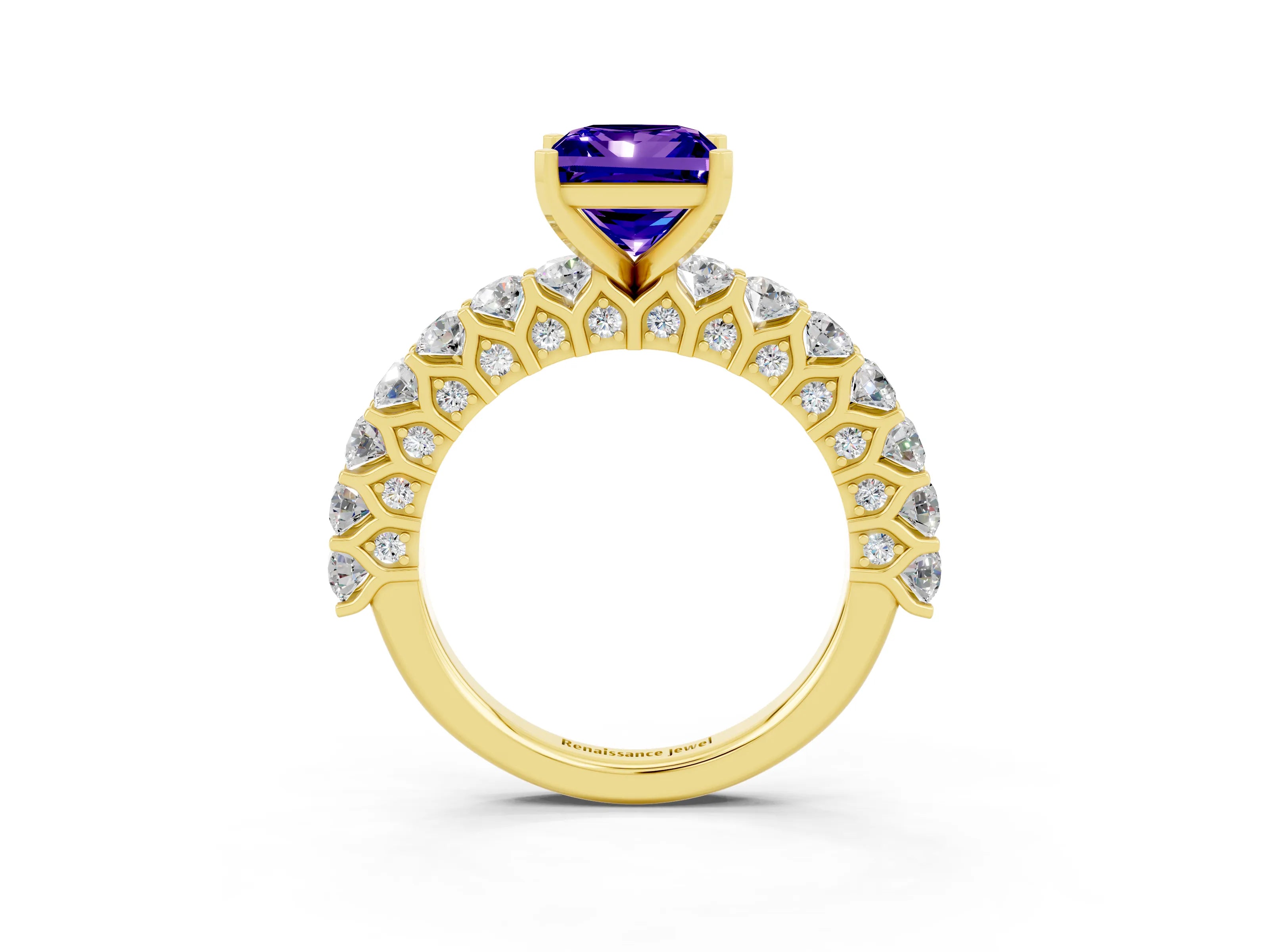 Yellow gold Princess Cut Tanzanite Solitaire Ring with Shared Prong Pavé Band and Four-Prong Setting_3