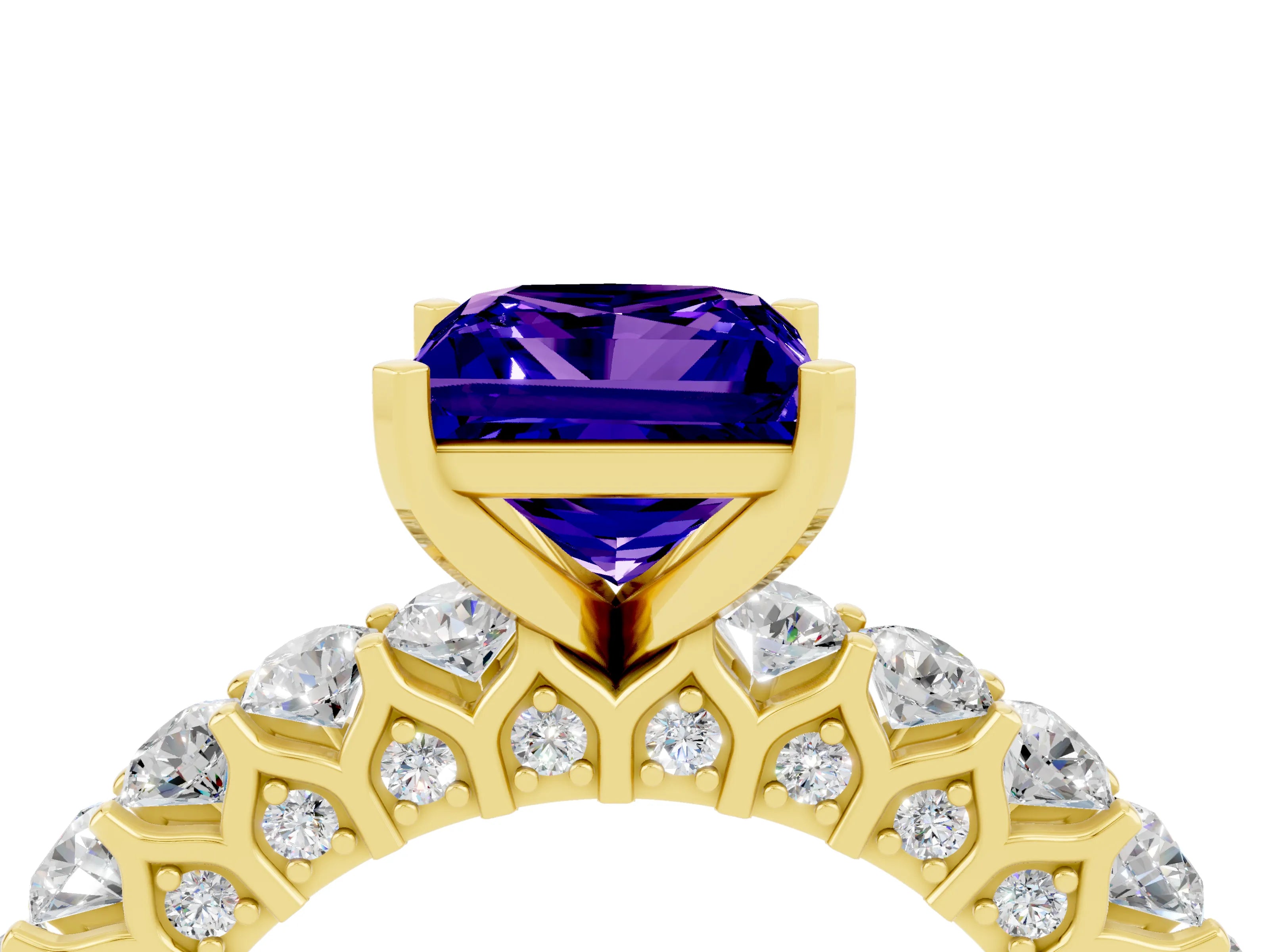 Yellow gold Princess Cut Tanzanite Solitaire Ring with Shared Prong Pavé Band and Four-Prong Setting_4
