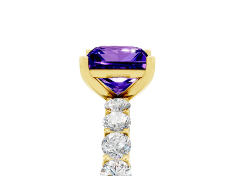 Yellow gold Princess Cut Tanzanite Solitaire Ring with Shared Prong Pavé Band and Four-Prong Setting_5