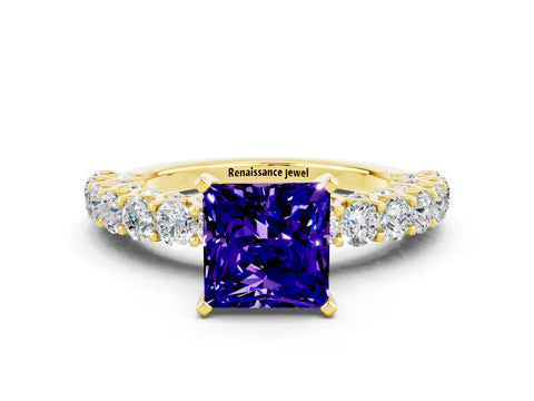 Yellow gold Princess Cut Tanzanite Solitaire Ring with Shared Prong Pavé Band and Four-Prong Setting