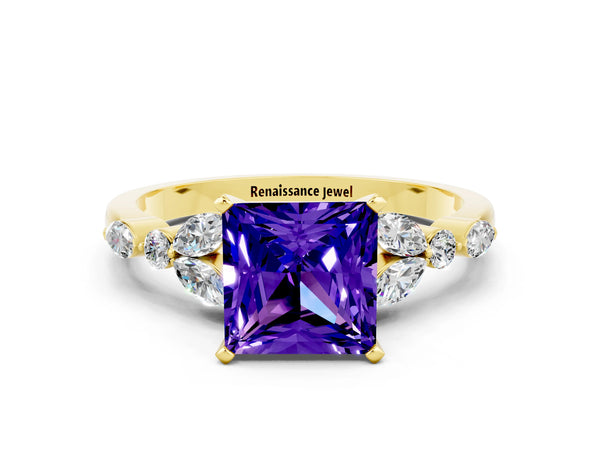 Yellow gold Princess Cut Tanzanite Solitaire Ring with Side Stones and Four-Prong Setting