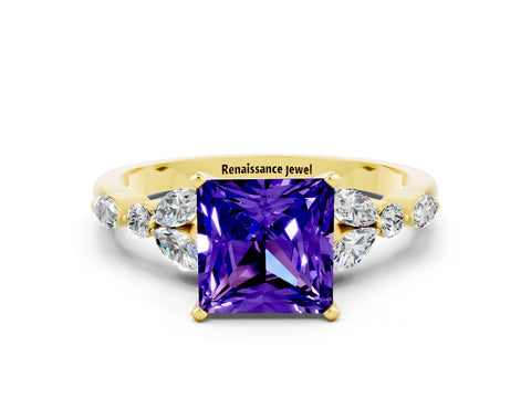 Yellow gold Princess Cut Tanzanite Solitaire Ring with Side Stones and Four-Prong Setting_12