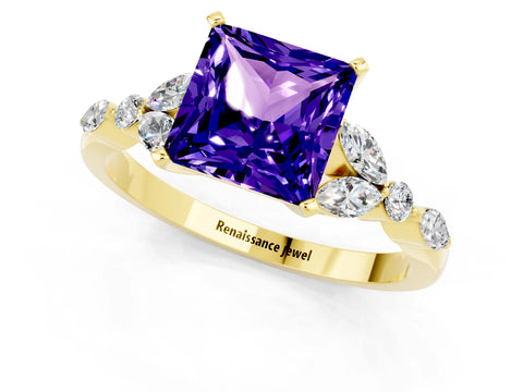 Yellow gold Princess Cut Tanzanite Solitaire Ring with Side Stones and Four-Prong Setting_13