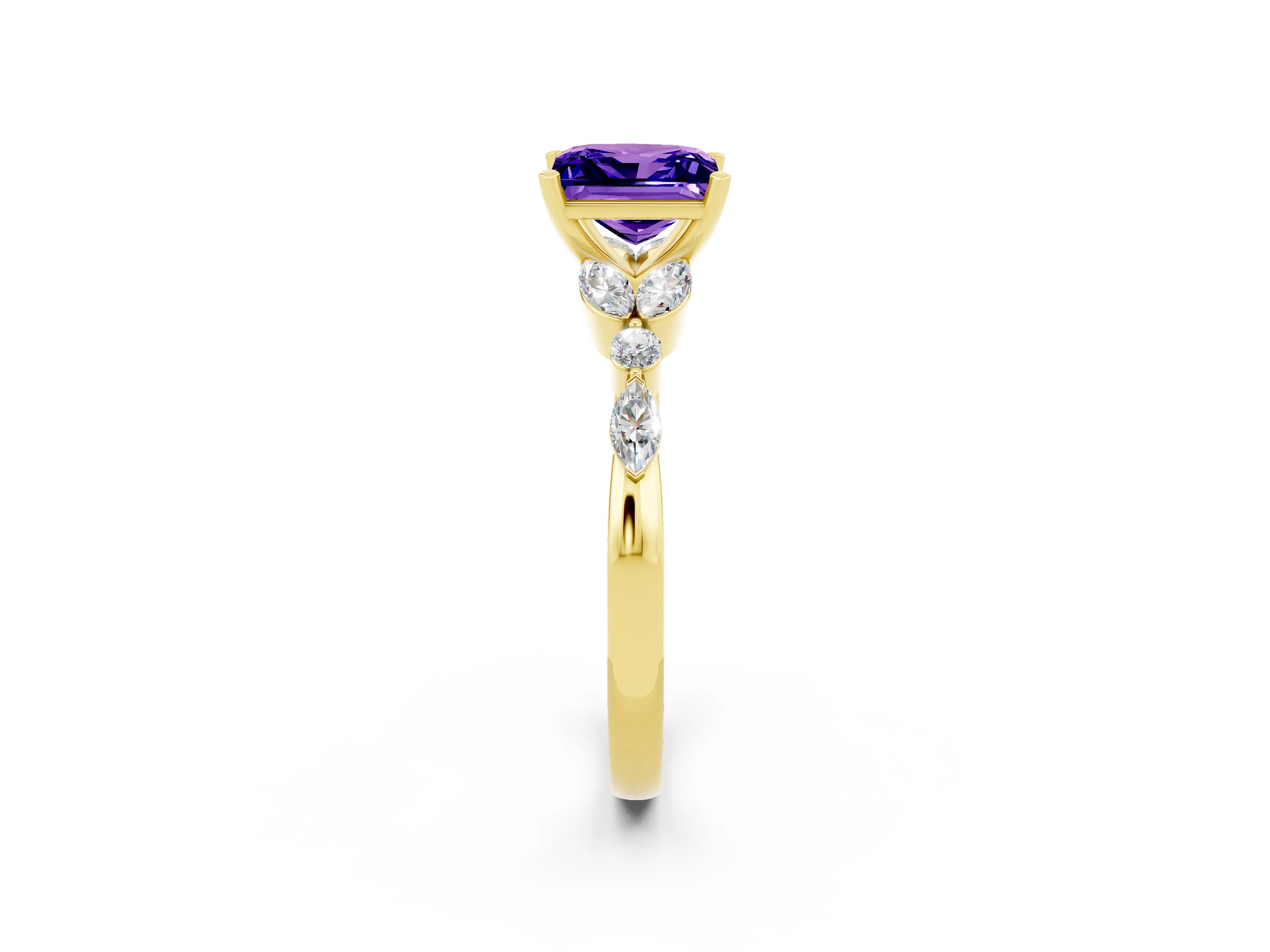 Yellow gold Princess Cut Tanzanite Solitaire Ring with Side Stones and Four-Prong Setting_14
