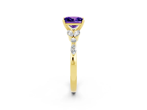 Yellow gold Princess Cut Tanzanite Solitaire Ring with Side Stones and Four-Prong Setting