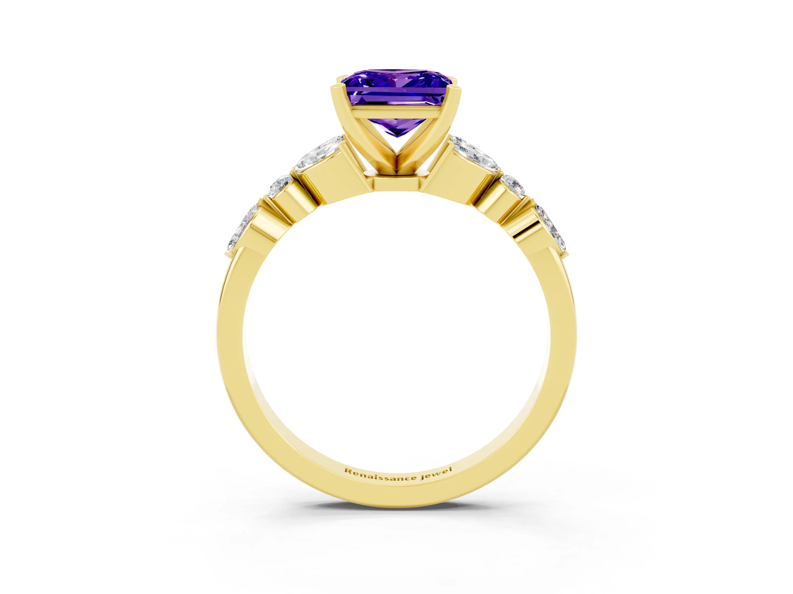 Yellow gold Princess Cut Tanzanite Solitaire Ring with Side Stones and Four-Prong Setting_15