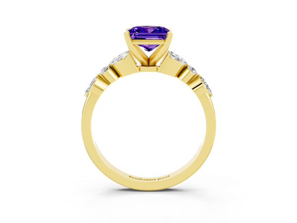 Yellow gold Princess Cut Tanzanite Solitaire Ring with Side Stones and Four-Prong Setting