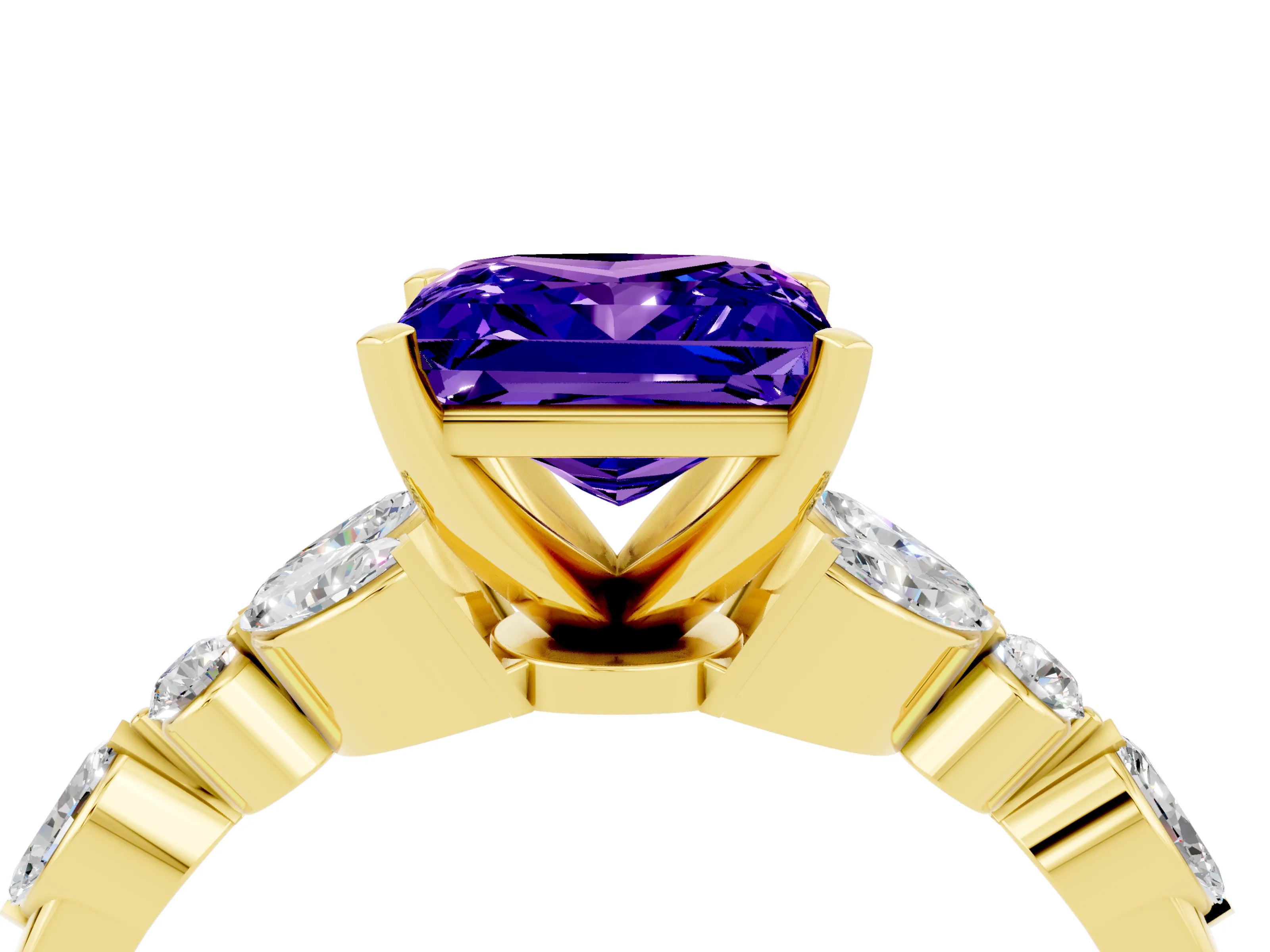 Yellow gold Princess Cut Tanzanite Solitaire Ring with Side Stones and Four-Prong Setting_16
