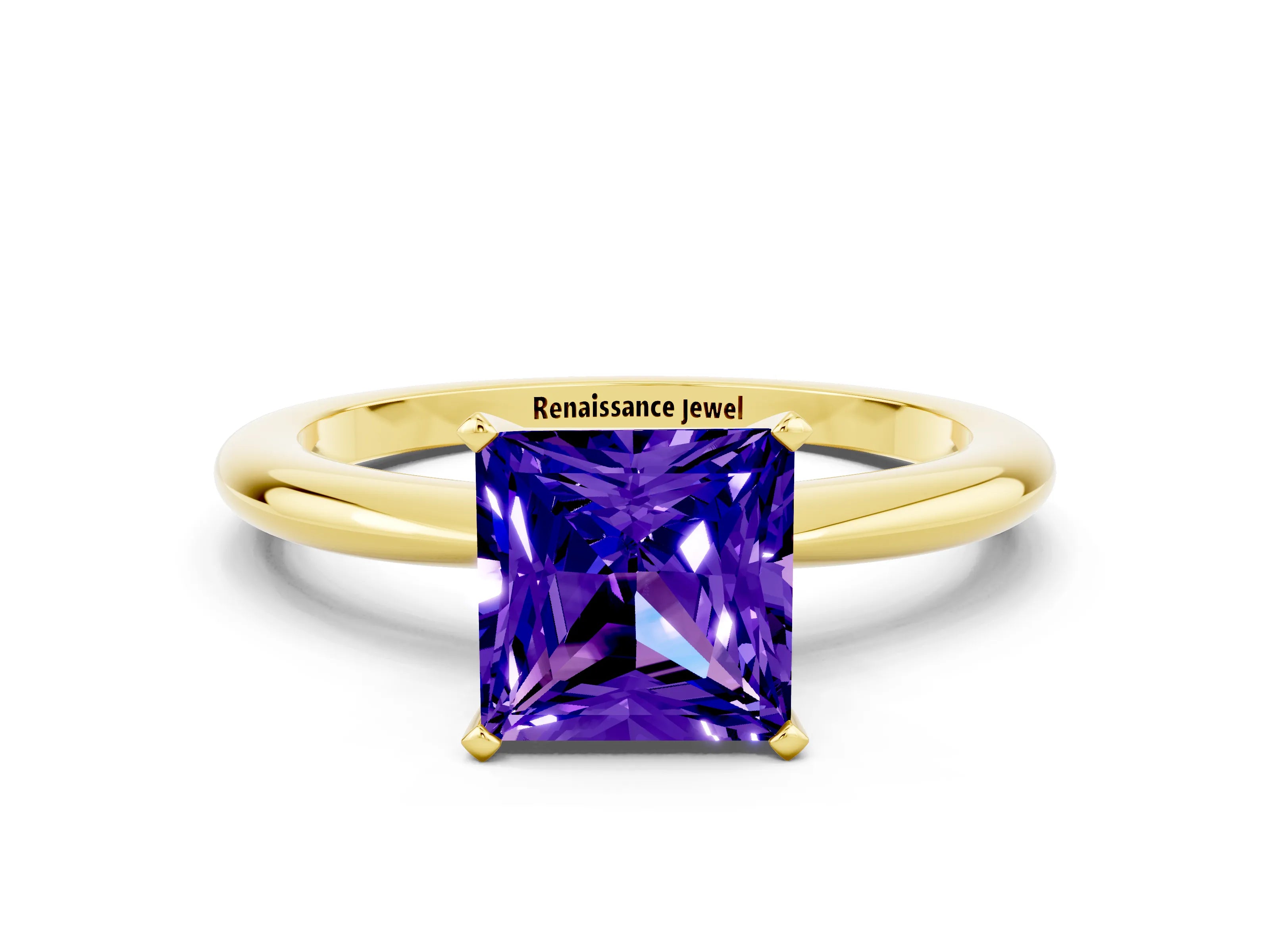 Yellow gold Princess Cut Tanzanite Solitaire Ring with Six-Prong Setting and Classic Band
