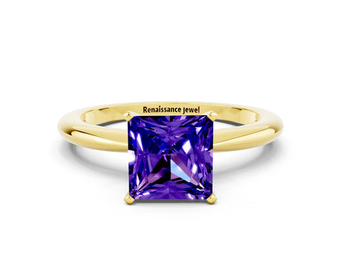 Yellow gold Princess Cut Tanzanite Solitaire Ring with Six-Prong Setting and Classic Band
