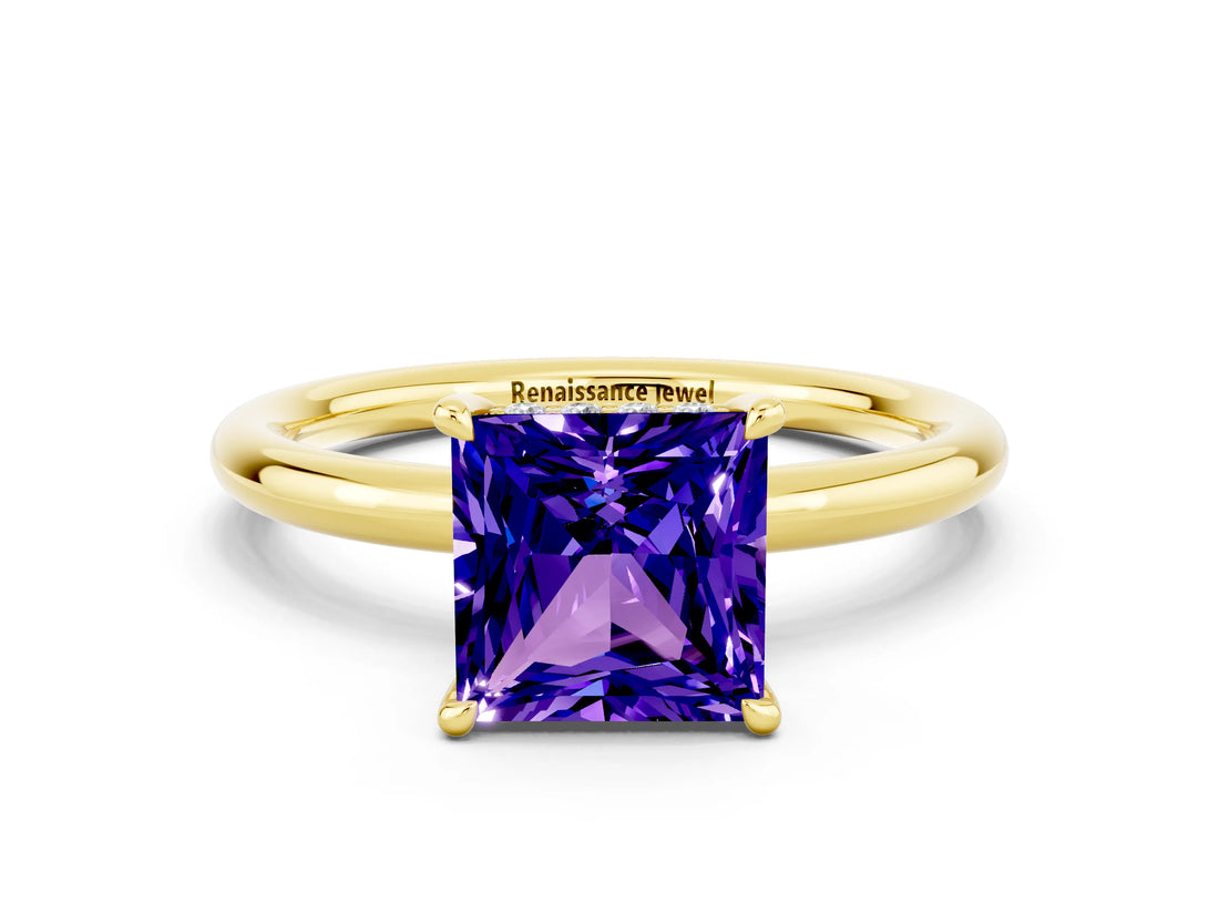 Yellow gold Princess Cut Tanzanite Solitaire Ring with Thin Band and Four-Prong Setting