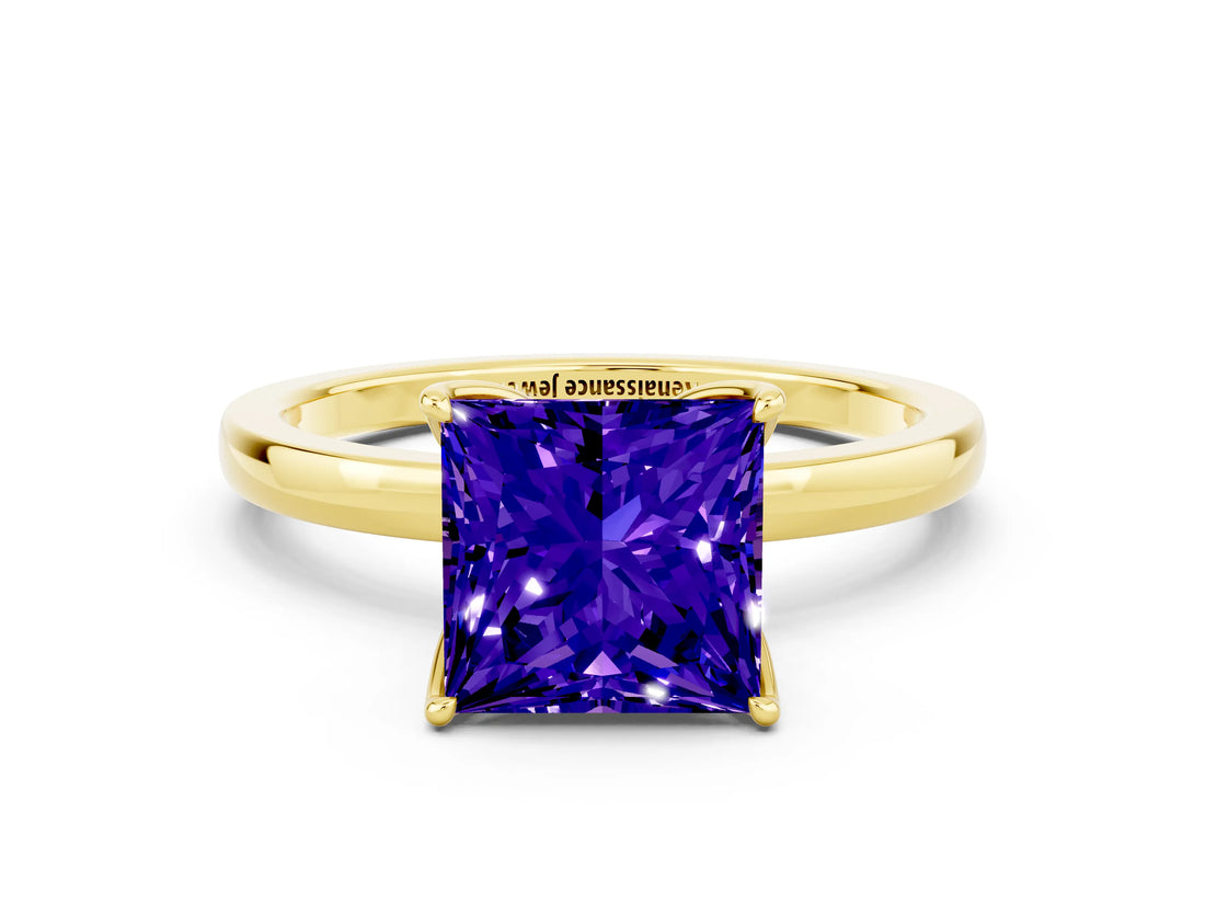 Yellow gold Princess Cut Tanzanite Solitaire Ring with Thin Band and Prong Setting_12