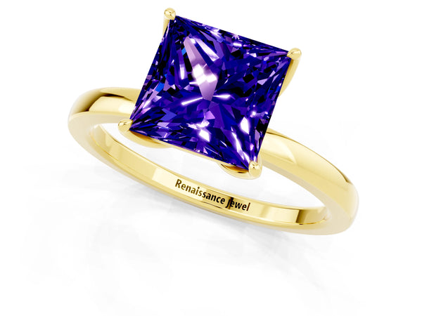 Yellow gold Princess Cut Tanzanite Solitaire Ring with Thin Band and Prong Setting