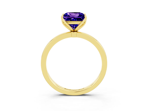 Yellow gold Princess Cut Tanzanite Solitaire Ring with Thin Band and Prong Setting