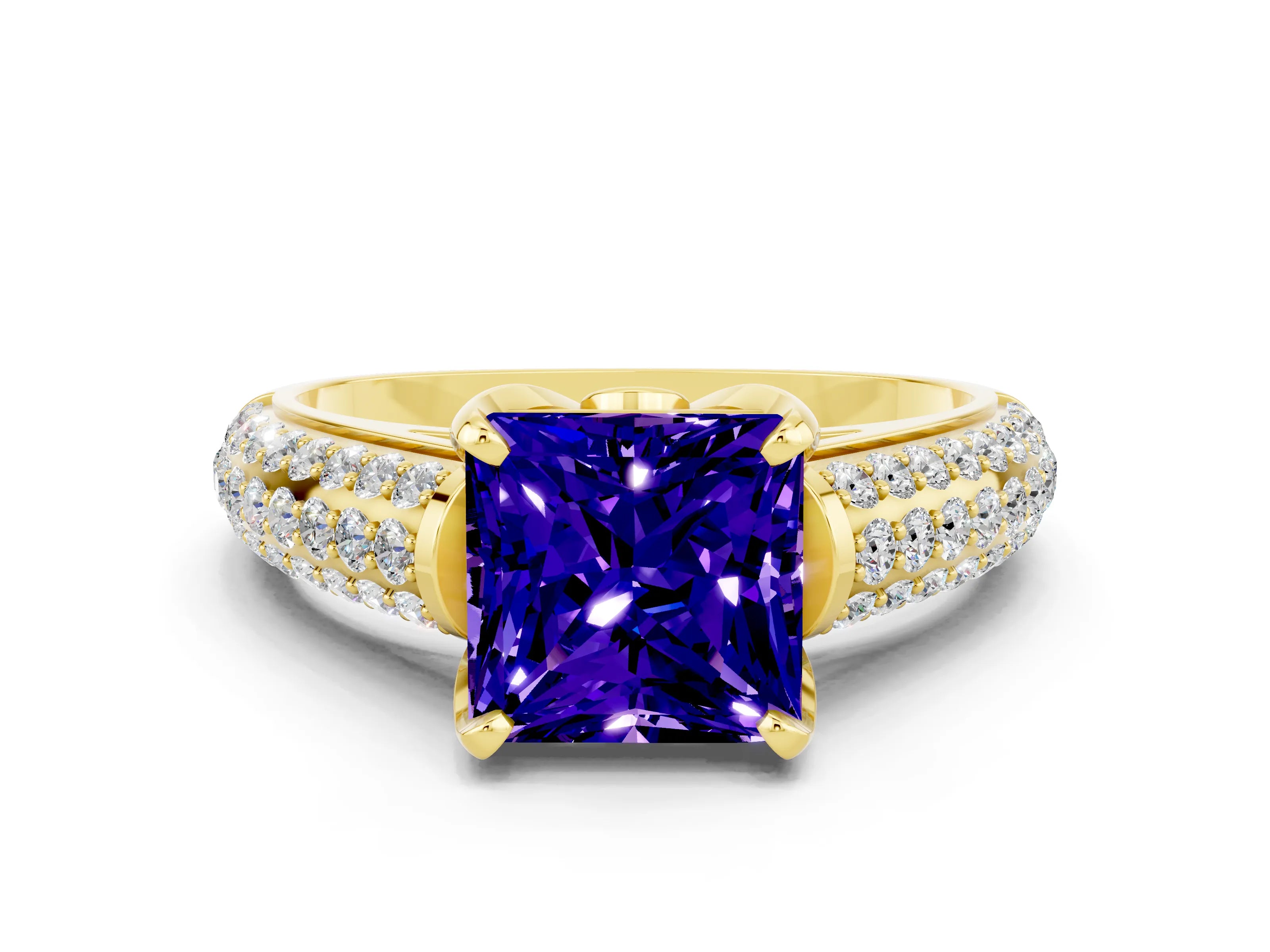 Yellow gold Princess Cut Tanzanite Solitaire Ring with Three-Row Pavé Band and Four-Prong Setting_12