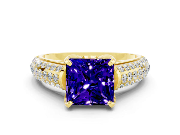 Yellow gold Princess Cut Tanzanite Solitaire Ring with Three-Row Pavé Band and Four-Prong Setting