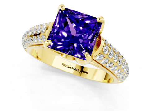 Yellow gold Princess Cut Tanzanite Solitaire Ring with Three-Row Pavé Band and Four-Prong Setting_13