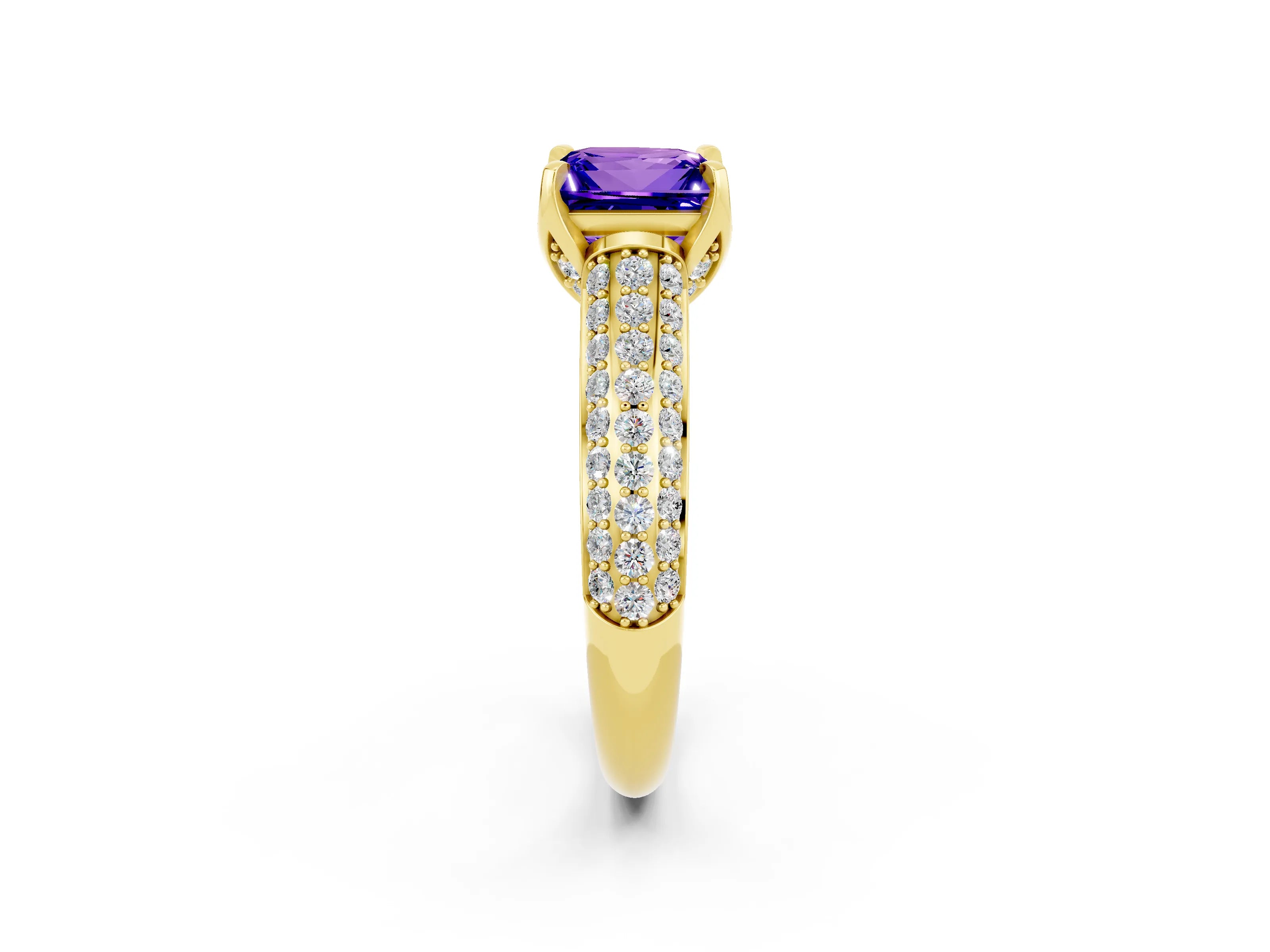 Yellow gold Princess Cut Tanzanite Solitaire Ring with Three-Row Pavé Band and Four-Prong Setting_14