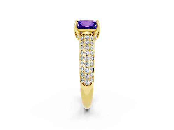 Yellow gold Princess Cut Tanzanite Solitaire Ring with Three-Row Pavé Band and Four-Prong Setting