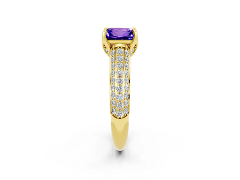 Yellow gold Princess Cut Tanzanite Solitaire Ring with Three-Row Pavé Band and Four-Prong Setting_14