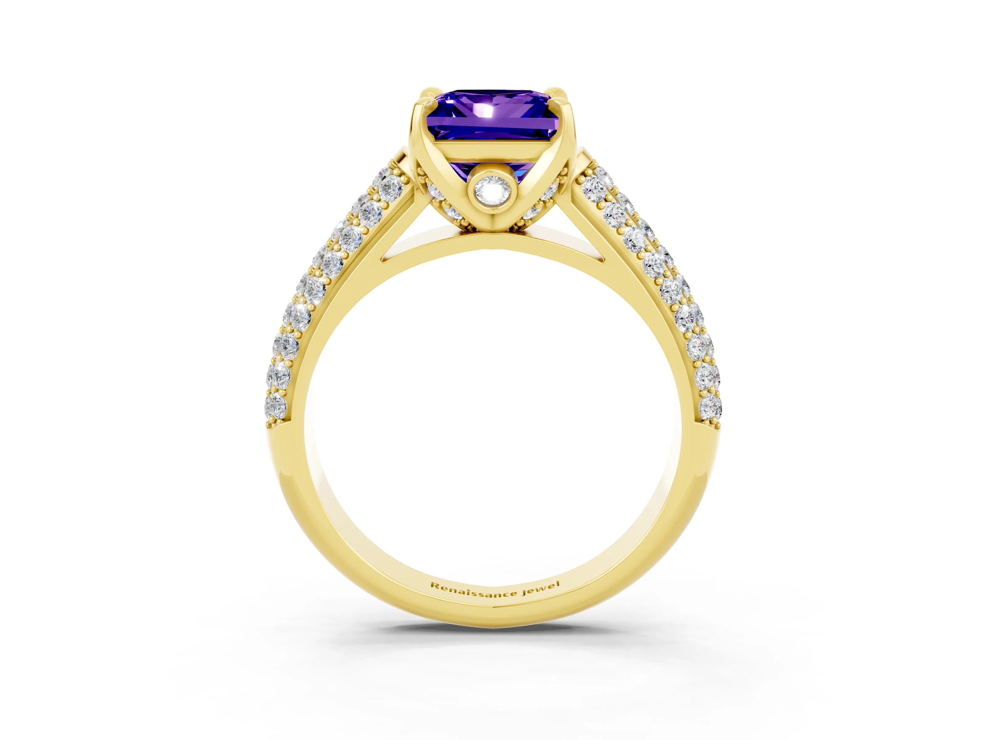 Yellow gold Princess Cut Tanzanite Solitaire Ring with Three-Row Pavé Band and Four-Prong Setting_15