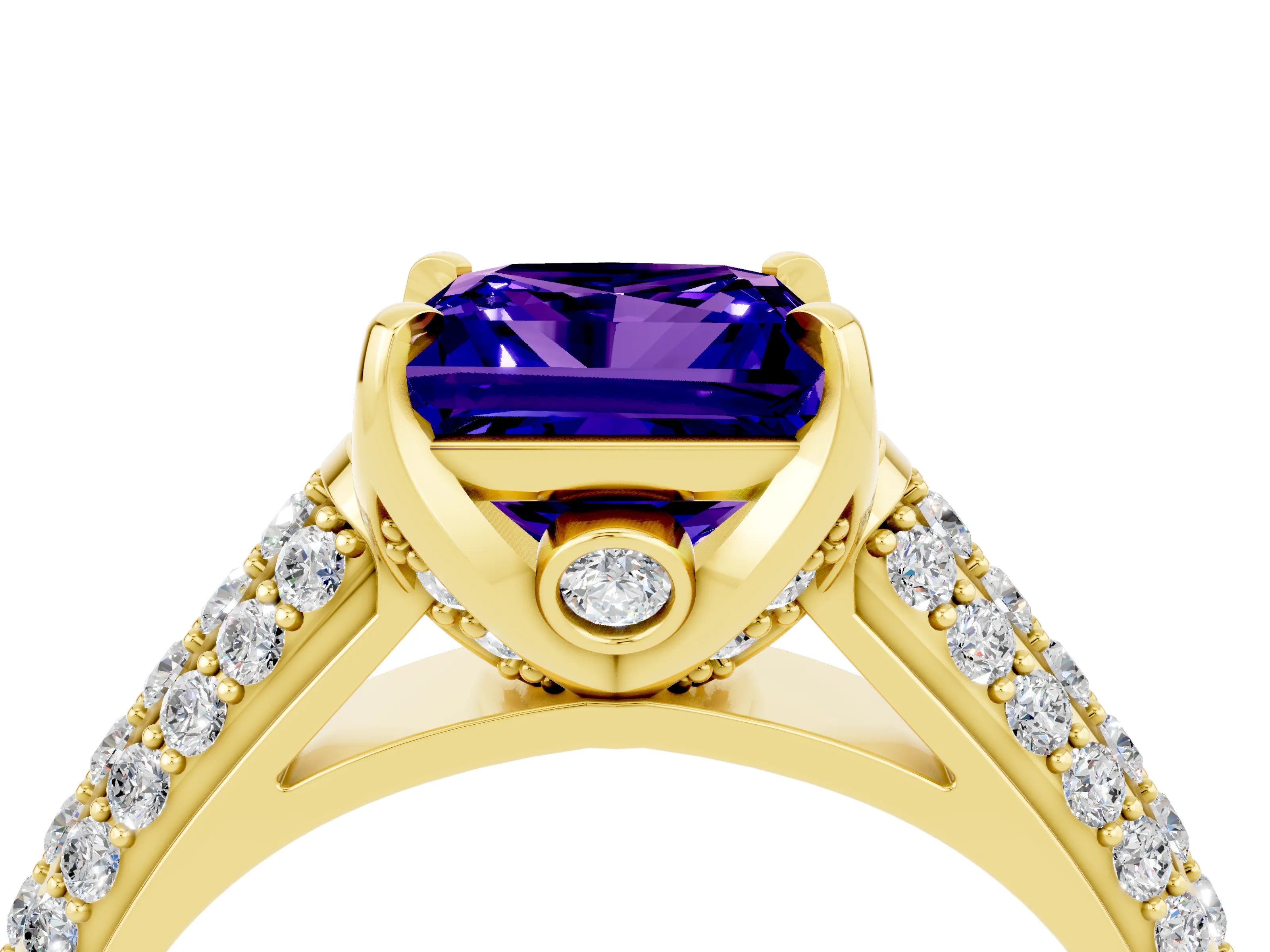 Yellow gold Princess Cut Tanzanite Solitaire Ring with Three-Row Pavé Band and Four-Prong Setting_16