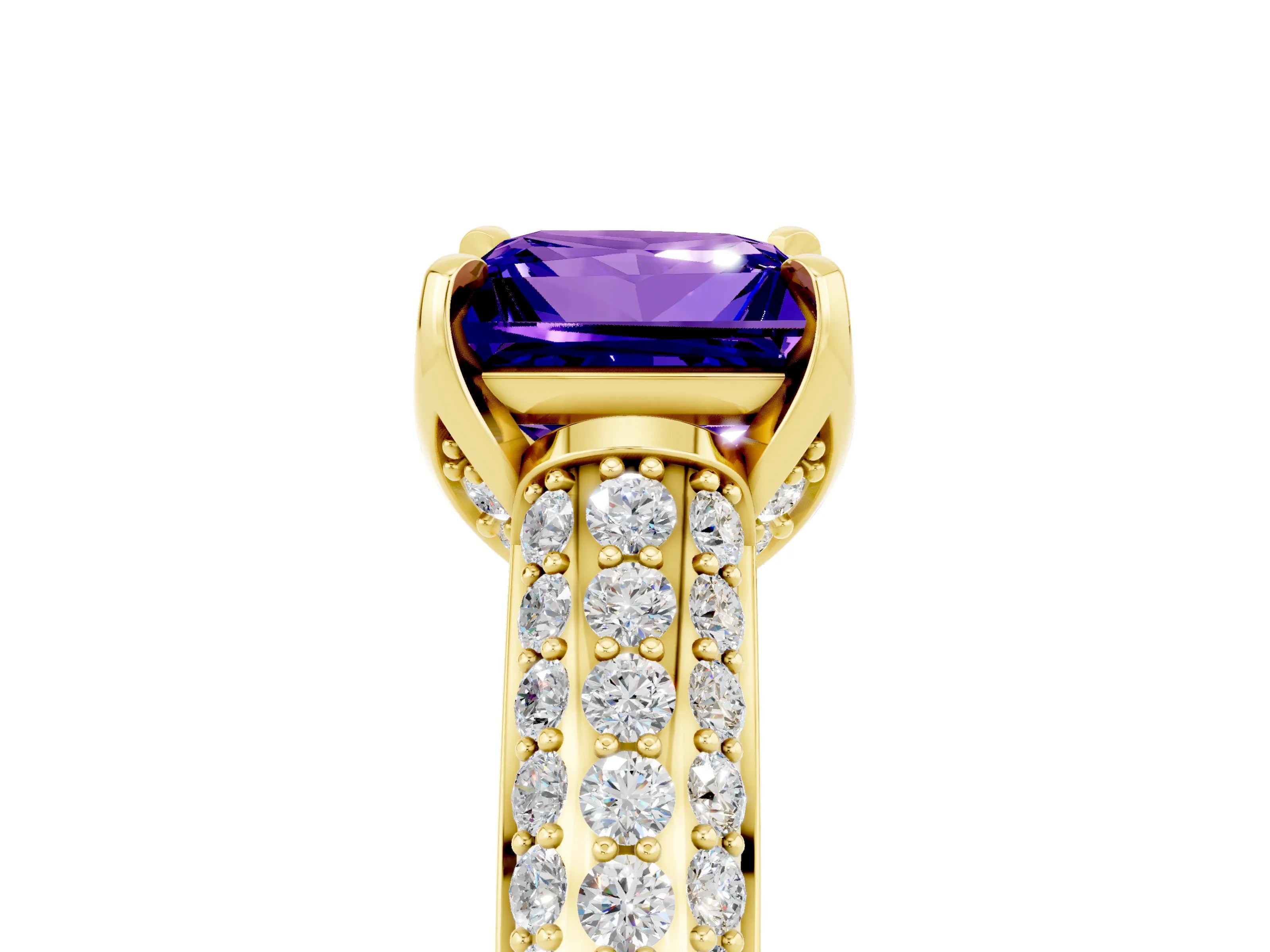 Yellow gold Princess Cut Tanzanite Solitaire Ring with Three-Row Pavé Band and Four-Prong Setting_17