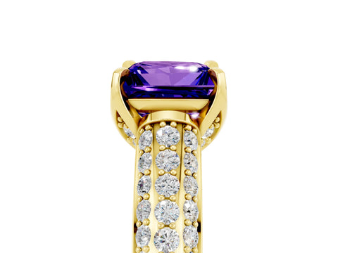 Yellow gold Princess Cut Tanzanite Solitaire Ring with Three-Row Pavé Band and Four-Prong Setting_17