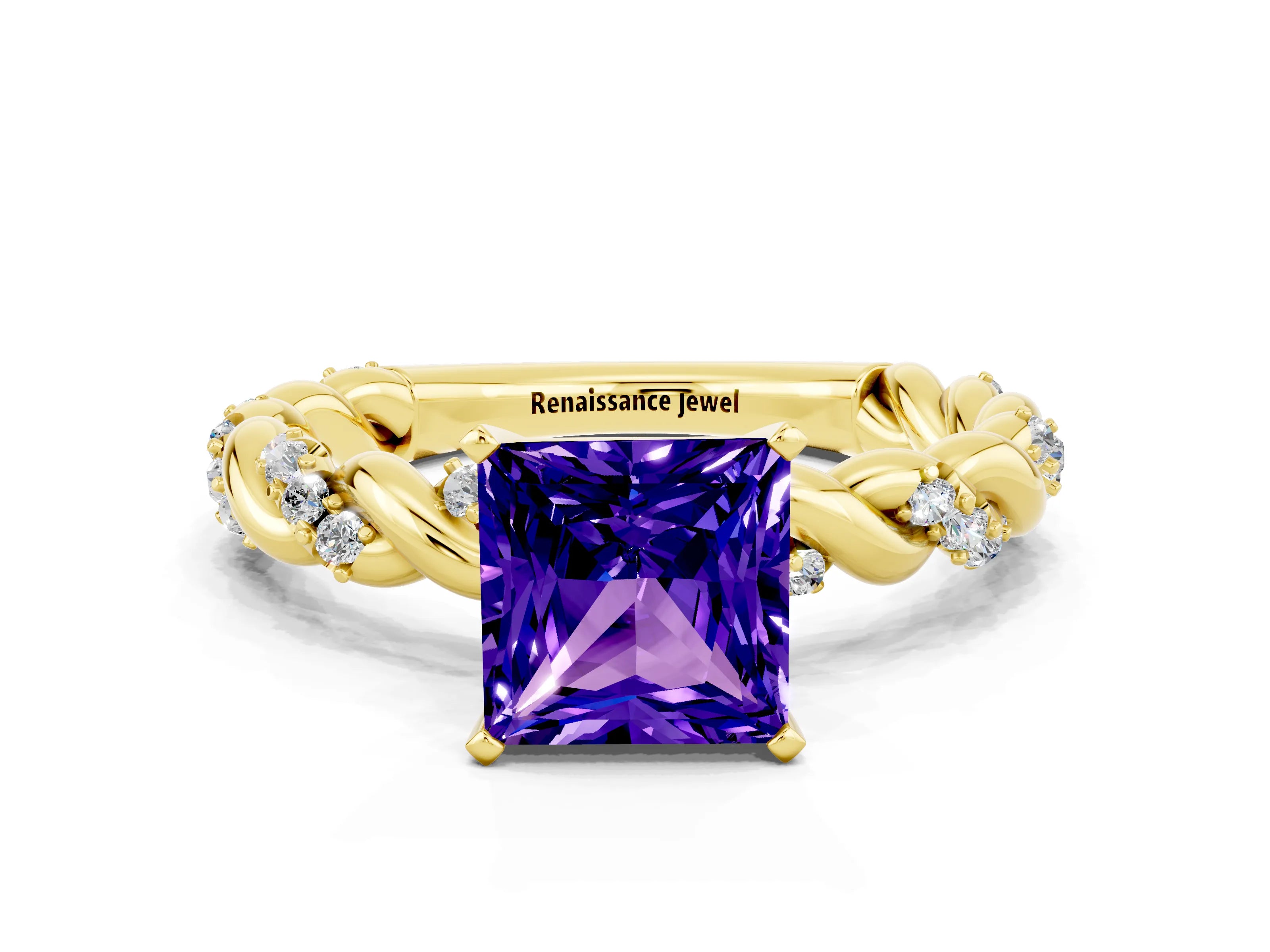 Yellow gold Princess Cut Tanzanite Solitaire Ring with Twisted Band and Pavé Accents