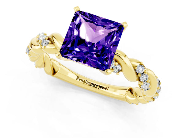 Yellow gold Princess Cut Tanzanite Solitaire Ring with Twisted Band and Pavé Accents
