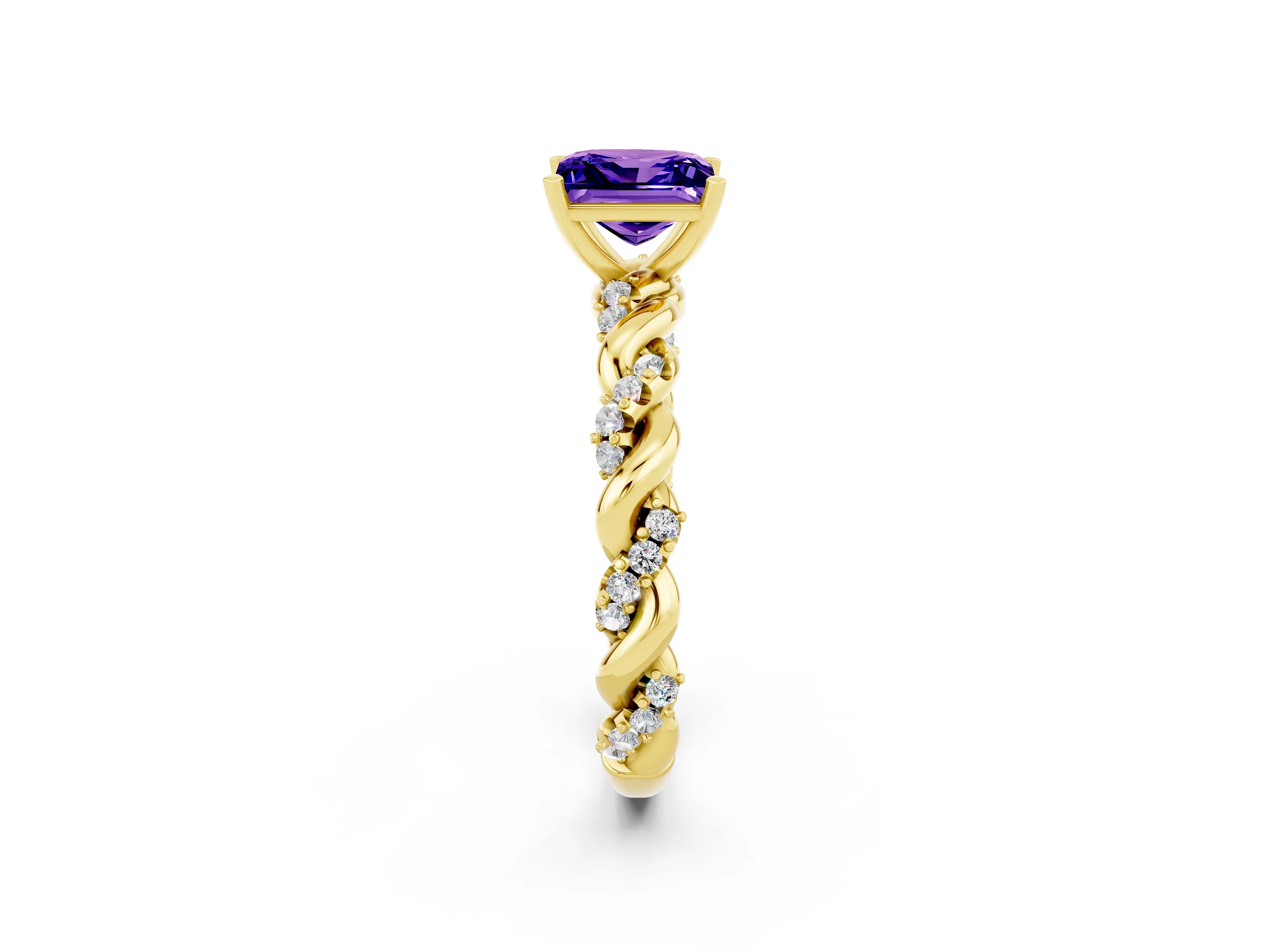 Yellow gold Princess Cut Tanzanite Solitaire Ring with Twisted Band and Pavé Accents_2