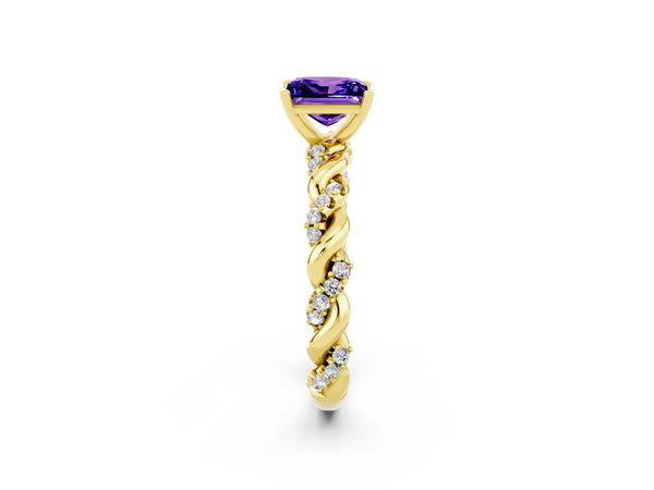 Yellow gold Princess Cut Tanzanite Solitaire Ring with Twisted Band and Pavé Accents