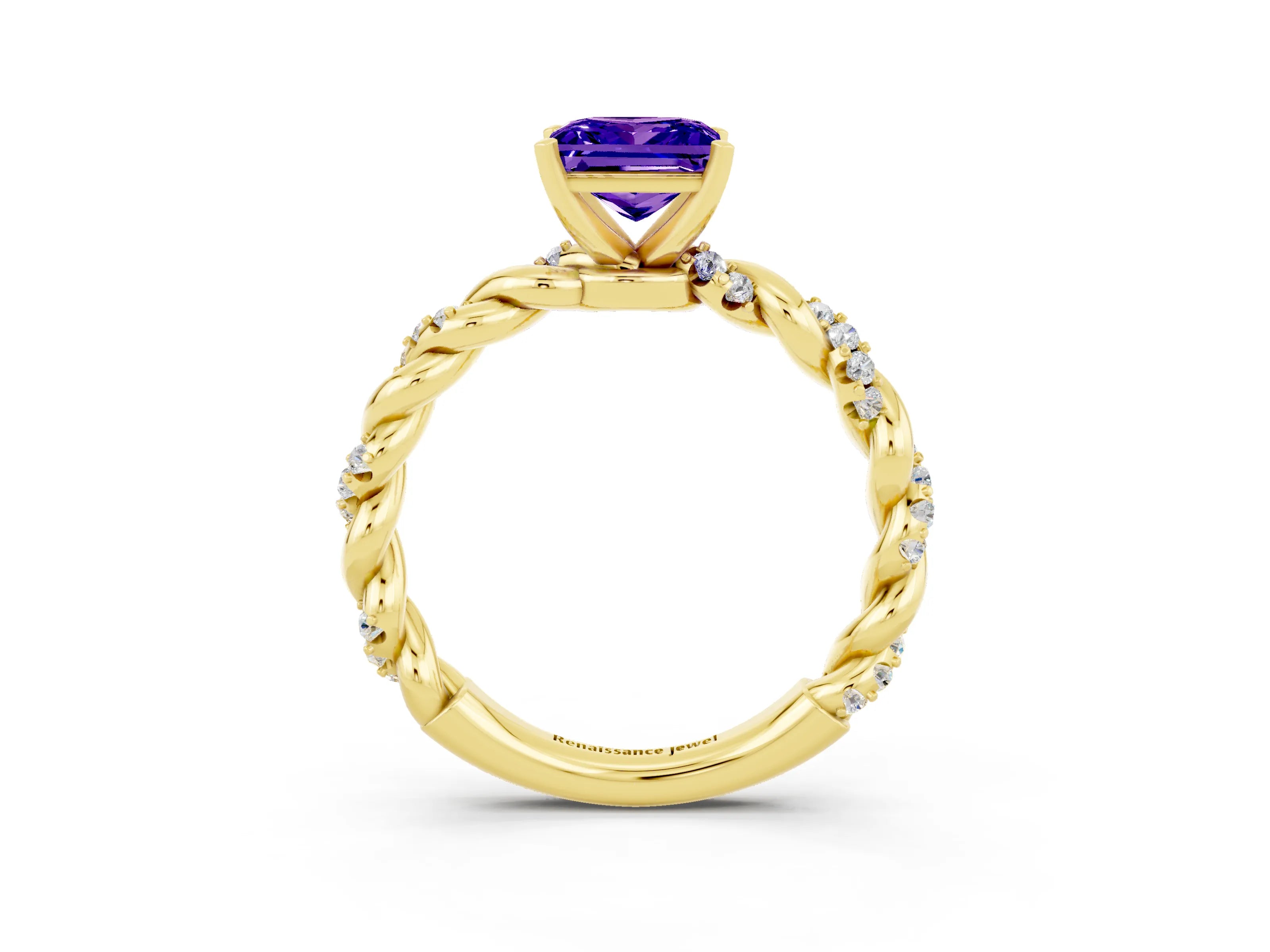 Yellow gold Princess Cut Tanzanite Solitaire Ring with Twisted Band and Pavé Accents_3