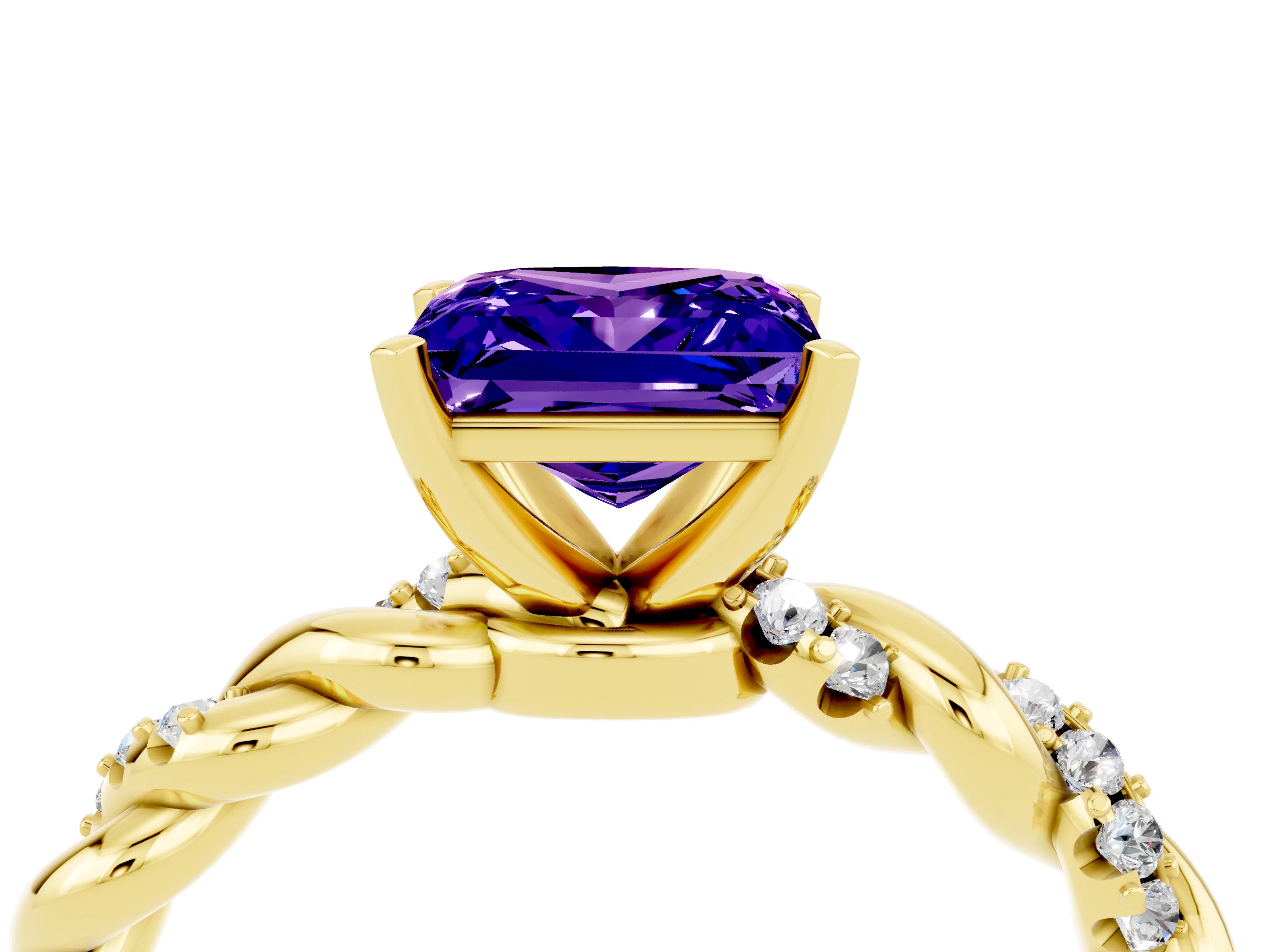 Yellow gold Princess Cut Tanzanite Solitaire Ring with Twisted Band and Pavé Accents_4