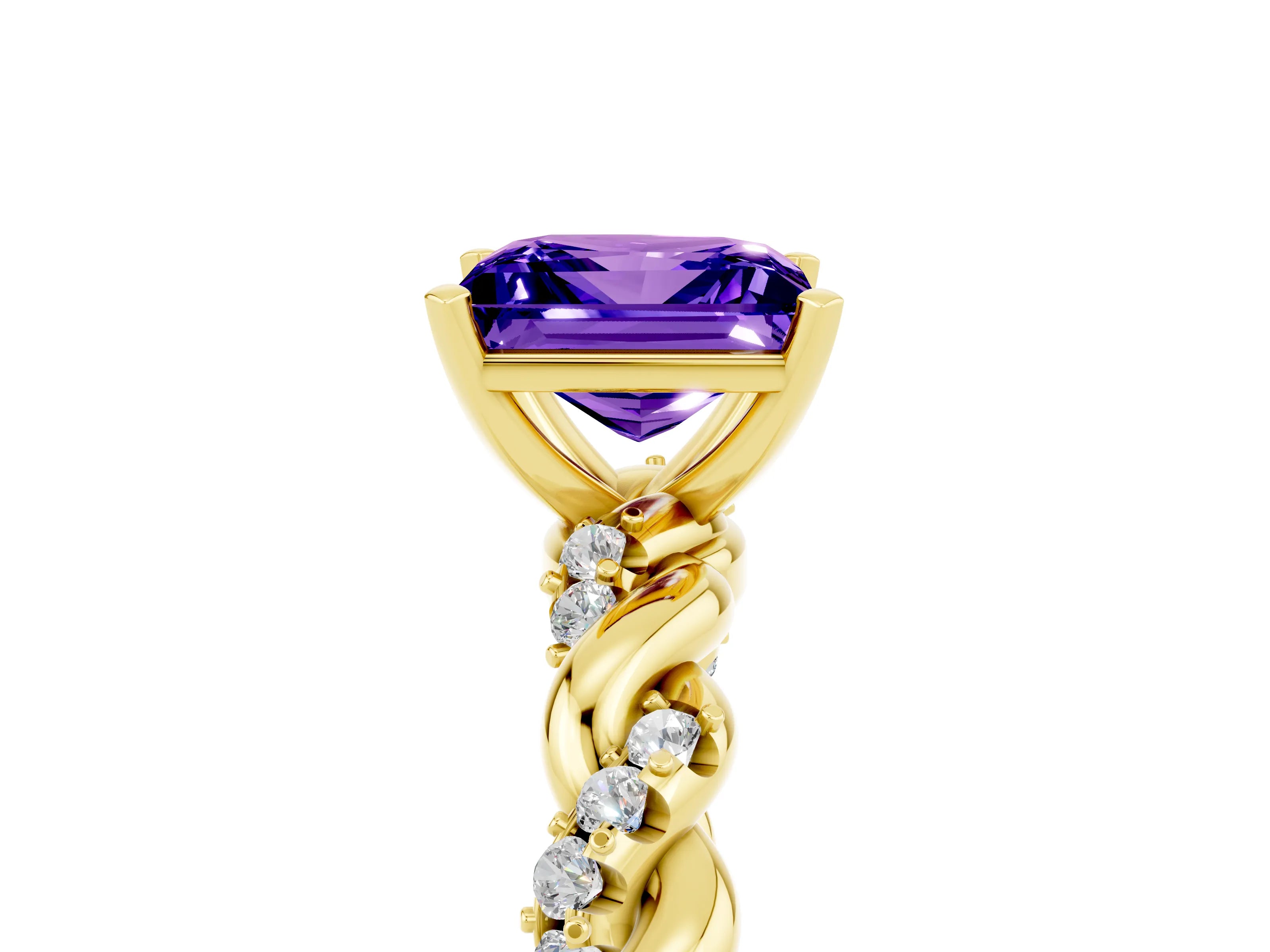 Yellow gold Princess Cut Tanzanite Solitaire Ring with Twisted Band and Pavé Accents_5
