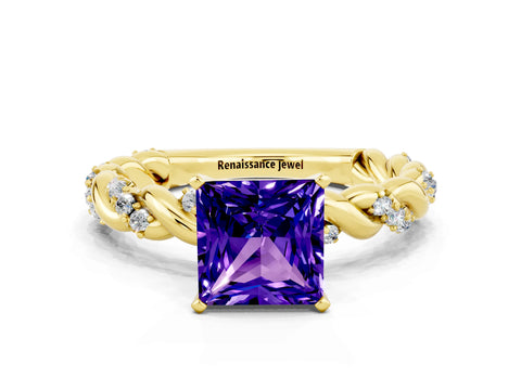 Yellow gold Princess Cut Tanzanite Solitaire Ring with Twisted Band and Pavé Accents