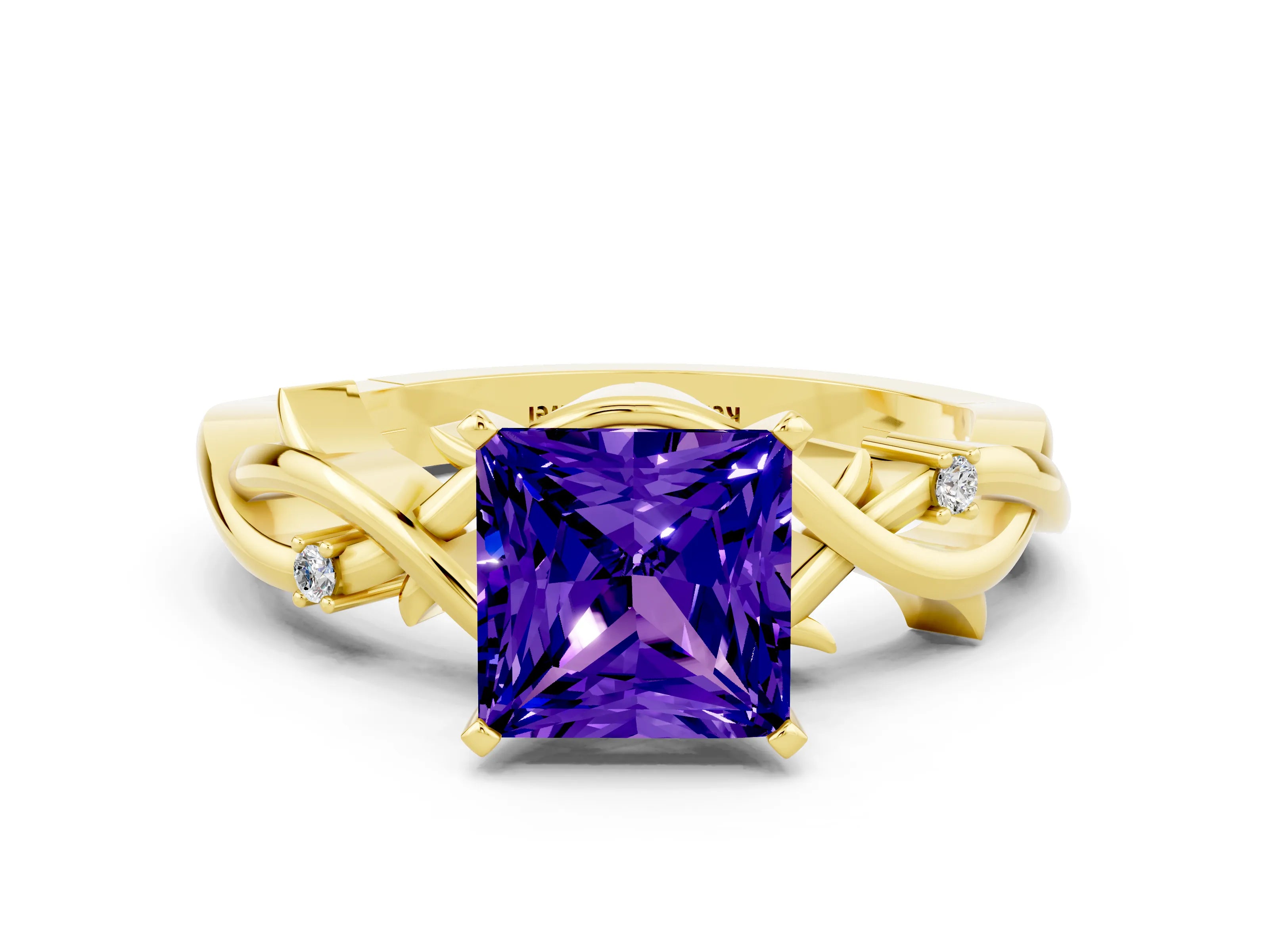Yellow gold Princess Cut Tanzanite Solitaire Ring with Twisted Band and Prong Setting
