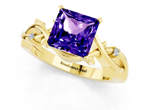 Yellow gold Princess Cut Tanzanite Solitaire Ring with Twisted Band and Prong Setting_1