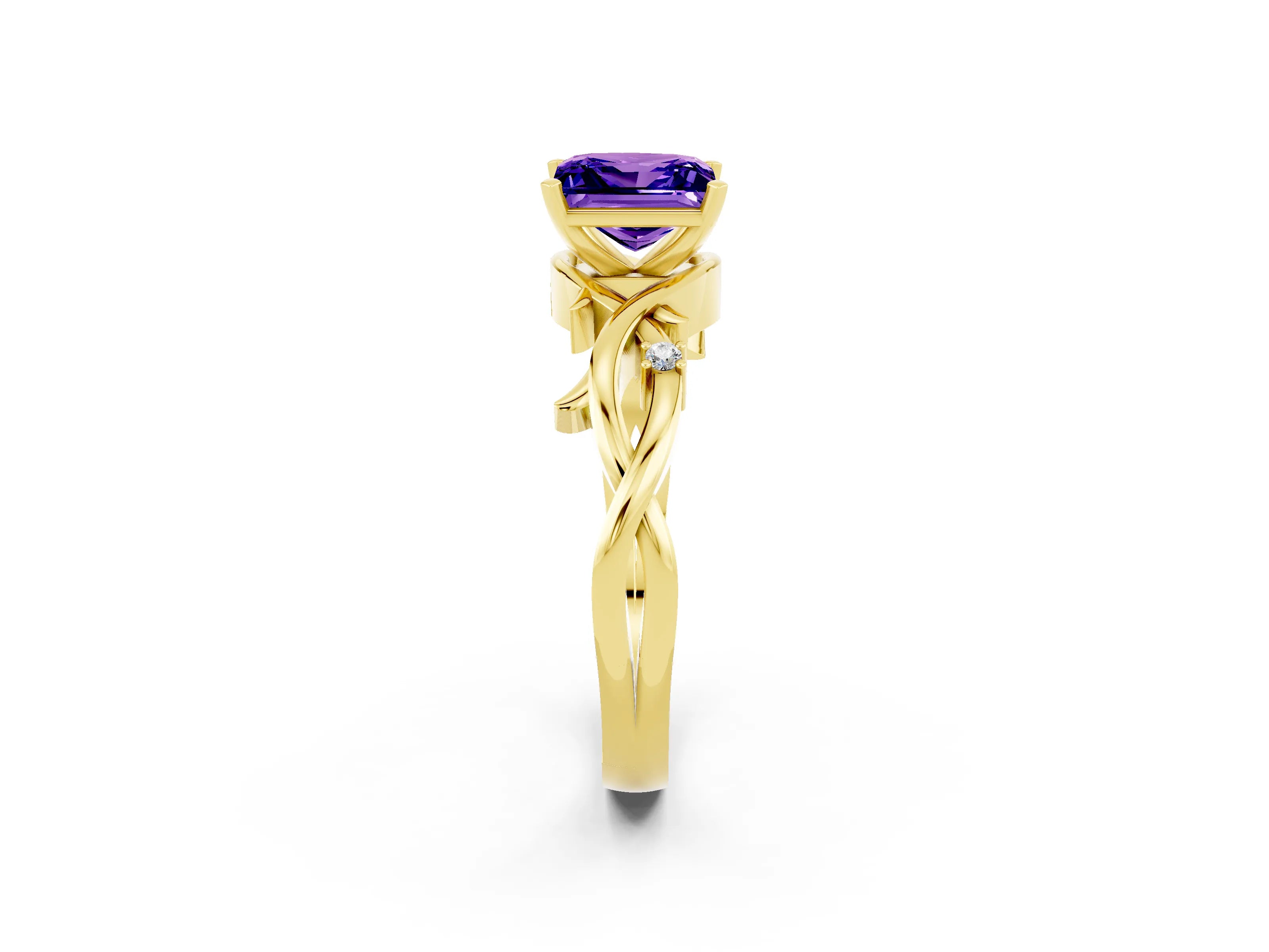 Yellow gold Princess Cut Tanzanite Solitaire Ring with Twisted Band and Prong Setting_2