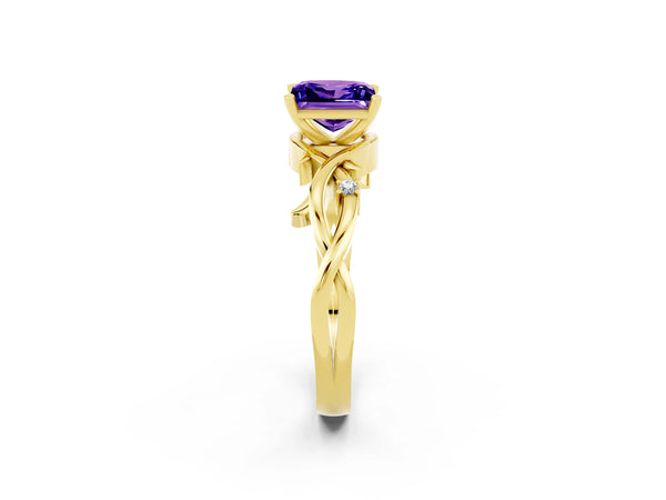Yellow gold Princess Cut Tanzanite Solitaire Ring with Twisted Band and Prong Setting