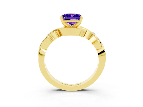 Yellow gold Princess Cut Tanzanite Solitaire Ring with Twisted Band and Prong Setting