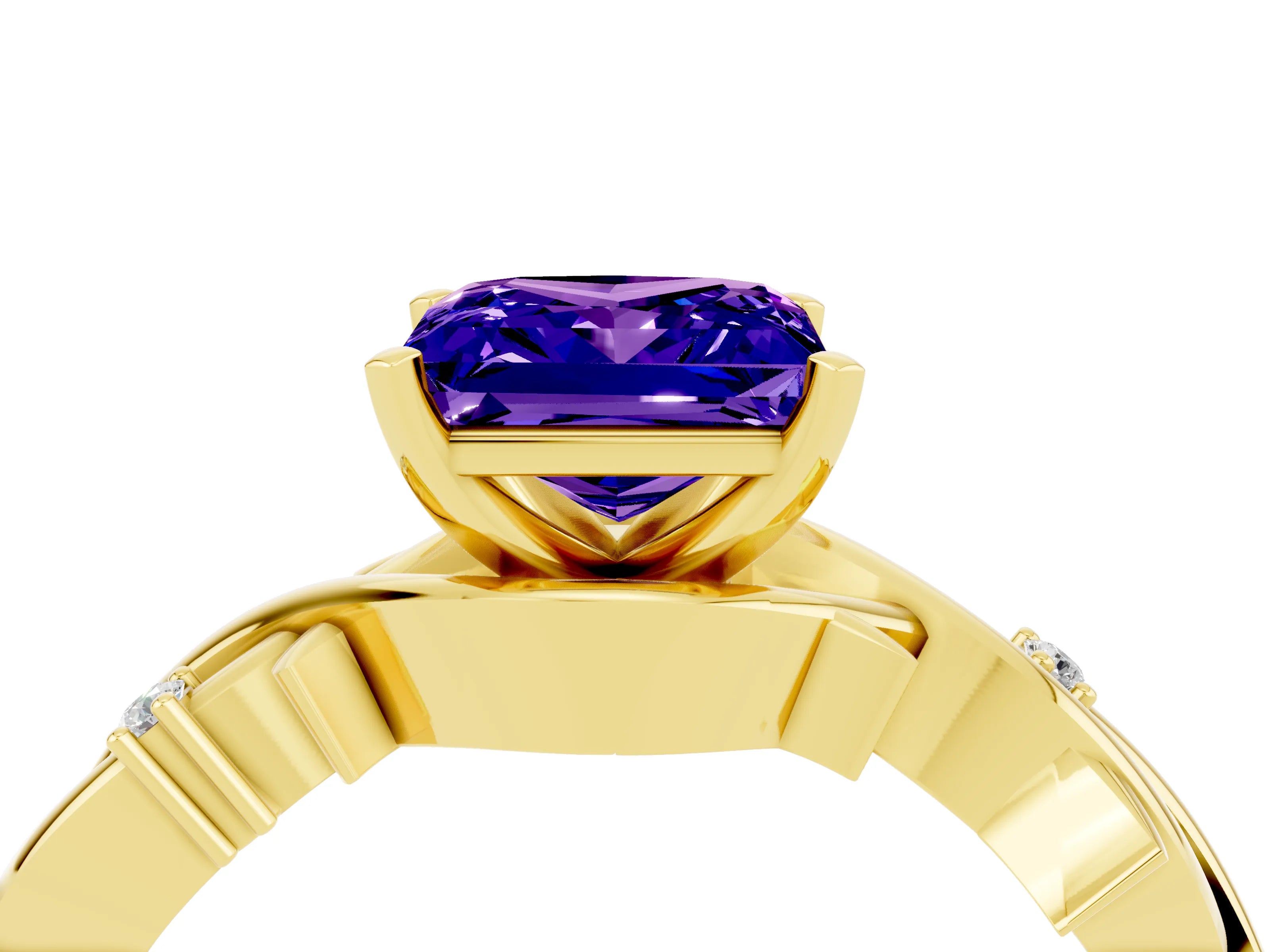 Yellow gold Princess Cut Tanzanite Solitaire Ring with Twisted Band and Prong Setting_4