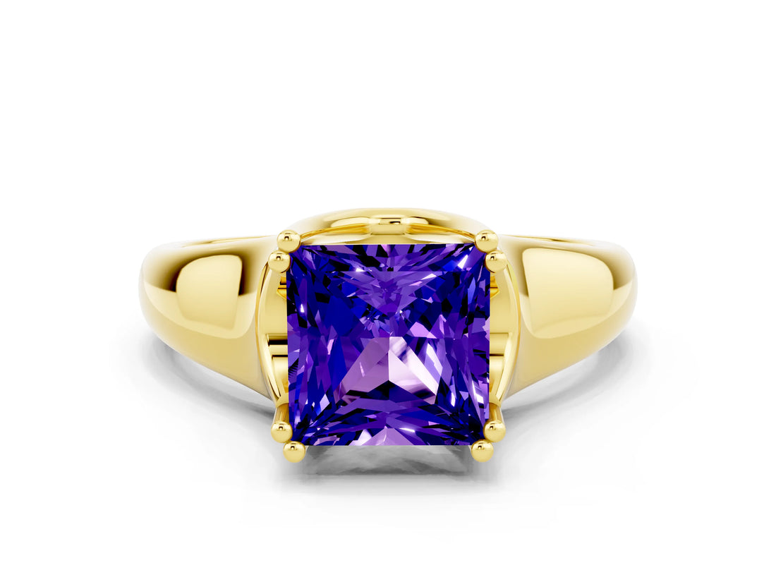 Yellow gold Princess Cut Tanzanite Solitaire Ring with Wide Band and Prong Setting