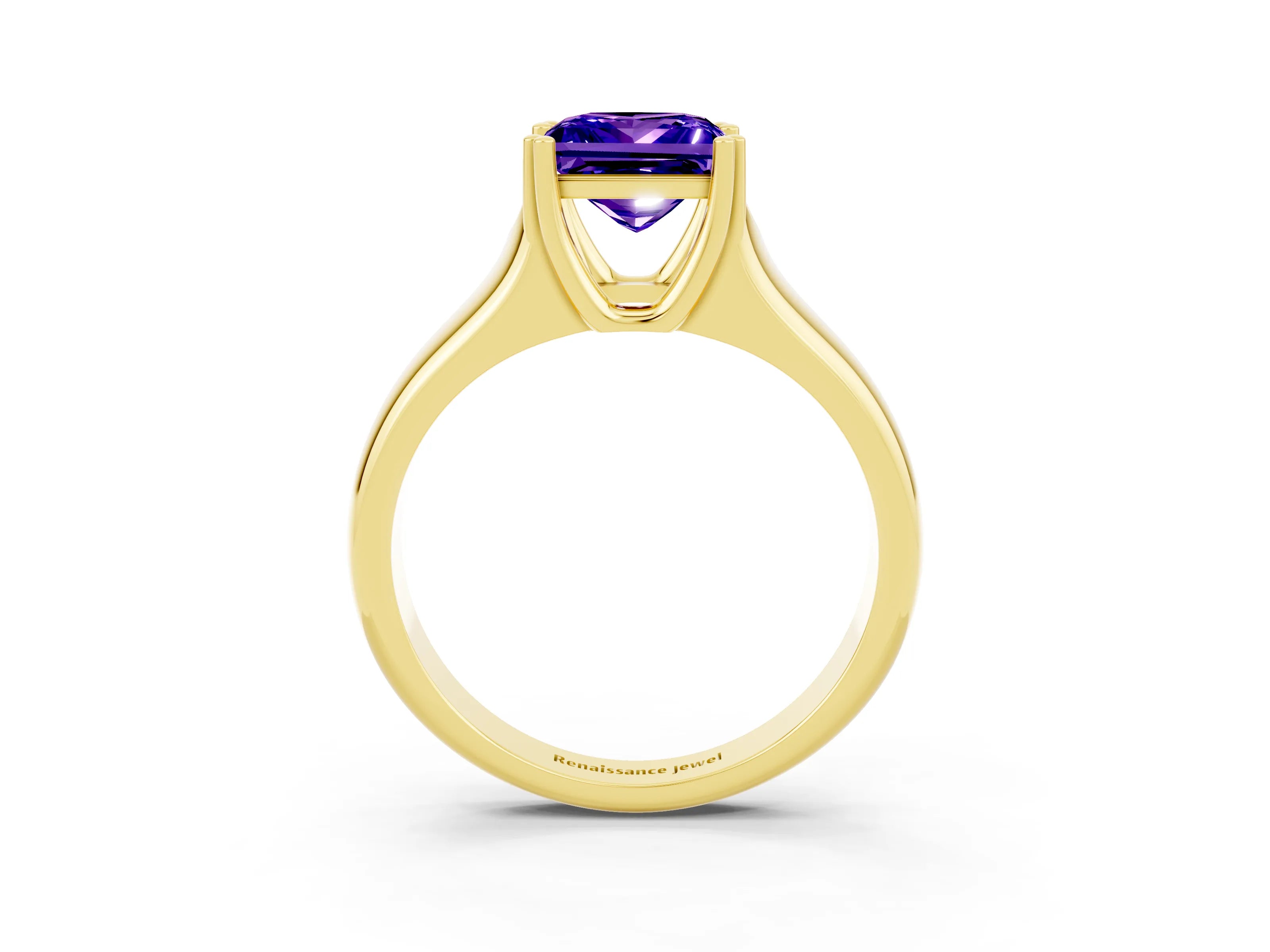 Yellow gold Princess Cut Tanzanite Solitaire Ring with Wide Band and Prong Setting_3