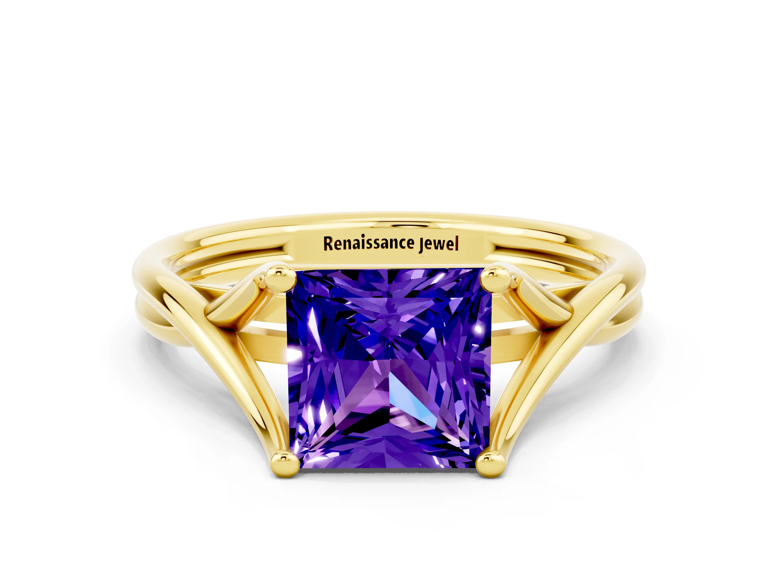 Yellow gold Princess Cut Tanzanite Solitaire Twist Band Prong Setting Ring_36