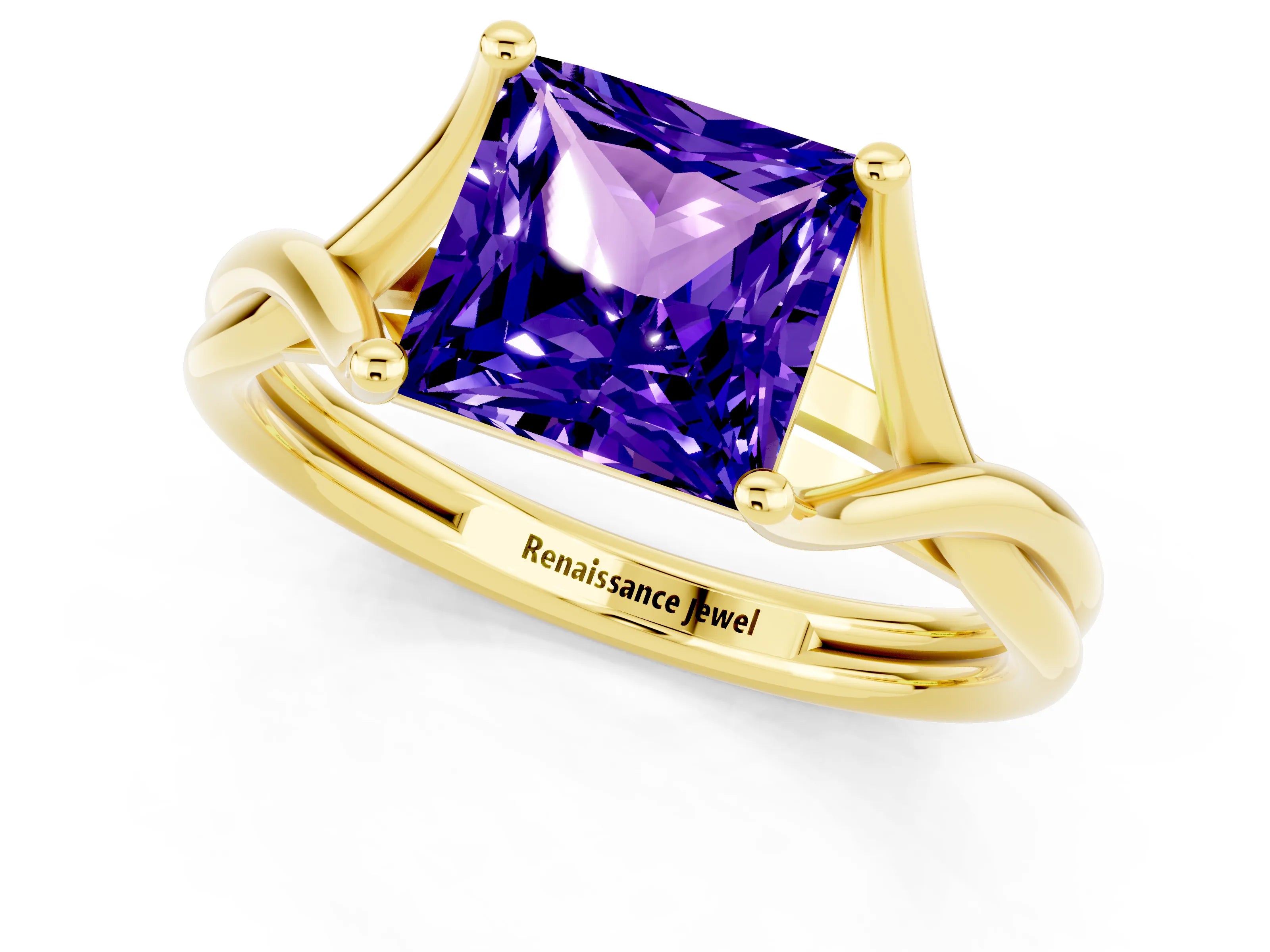 Yellow gold Princess Cut Tanzanite Solitaire Twist Band Prong Setting Ring_37