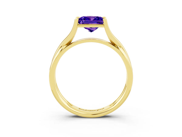 Yellow gold Princess Cut Tanzanite Solitaire Twist Band Prong Setting Ring