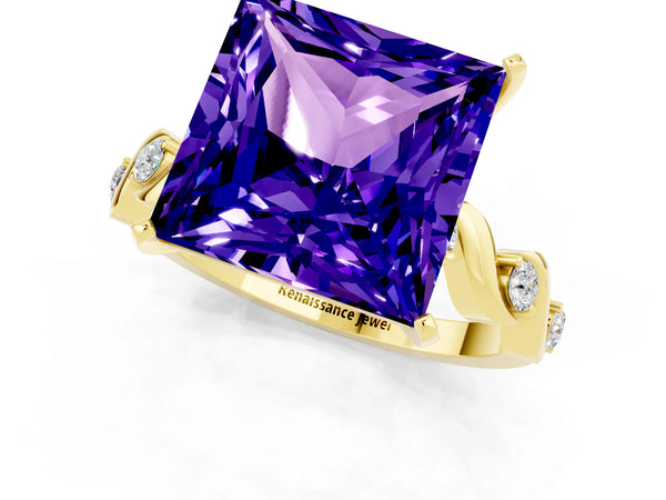 Yellow gold Princess Cut Tanzanite Solitaire Twisted Band with Round  Accents and Prong Setting