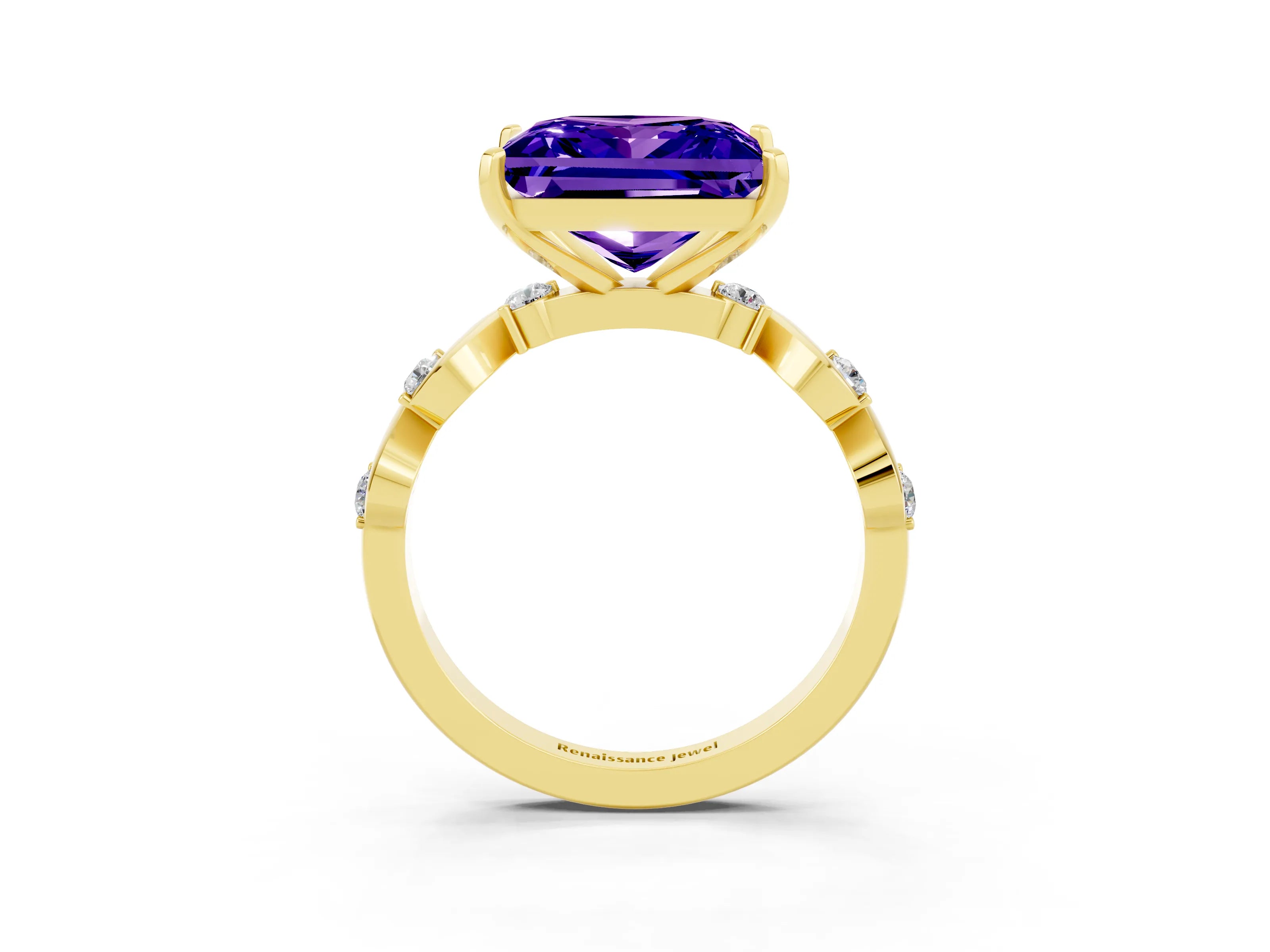 Yellow gold Princess Cut Tanzanite Solitaire Twisted Band with Round  Accents and Prong Setting_15