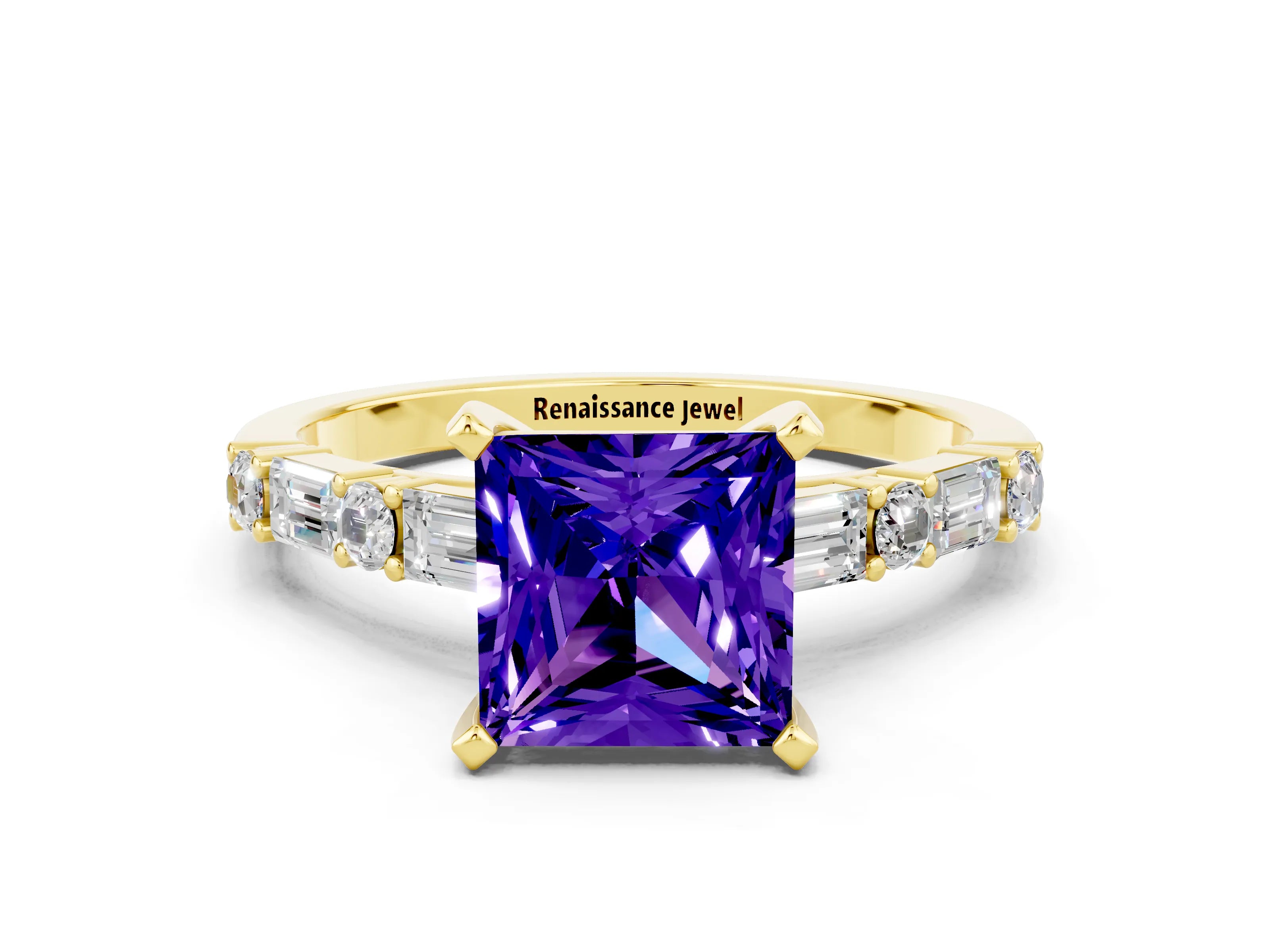 Yellow gold Princess Cut Tanzanite Solitaire with Side Baguettes and Channel Set Band